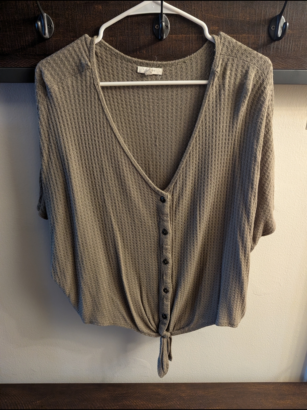 Maurices Olive Green Waffle-Knit Button-Front Tie Hem Top